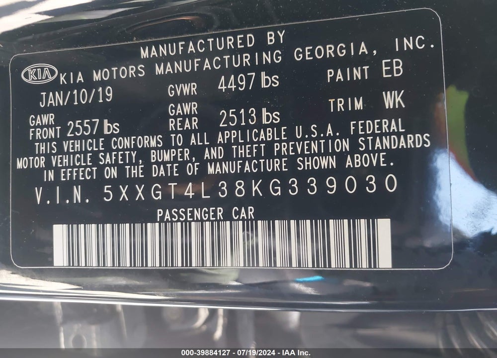 2019 KIA OPTIMA VIN: 5XXGT4L38KG339030