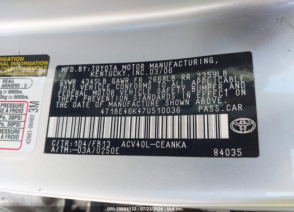 2007 TOYOTA CAMRY LE VIN: 4T1BE46K47U510036