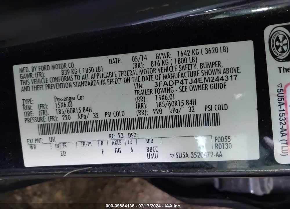 2014 FORD FIESTA S VIN: 3FADP4TJ4EM244317