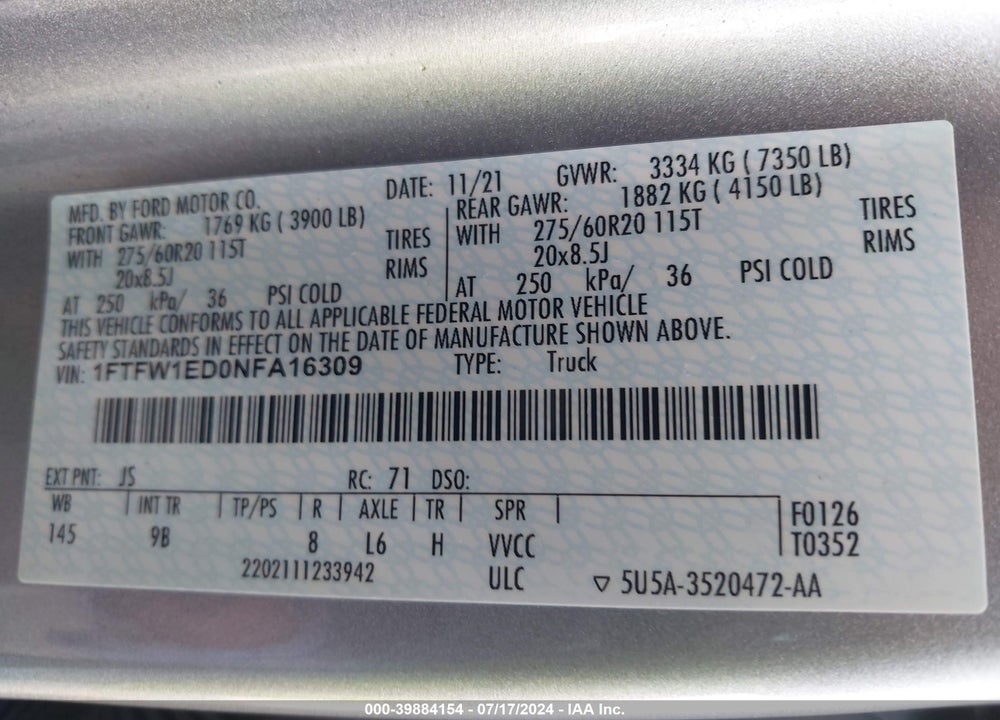 2022 FORD F-150 PLATINUM VIN: 1FTFW1ED0NFA16309