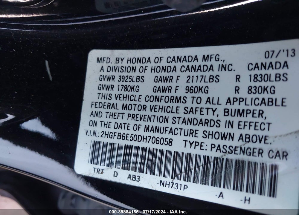 2013 HONDA CIVIC SI VIN: 2HGFB6E50DH706058