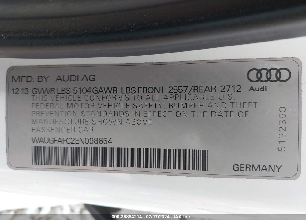 2014 AUDI A6 2.0T PREMIUM VIN: WAUGFAFC2EN098654