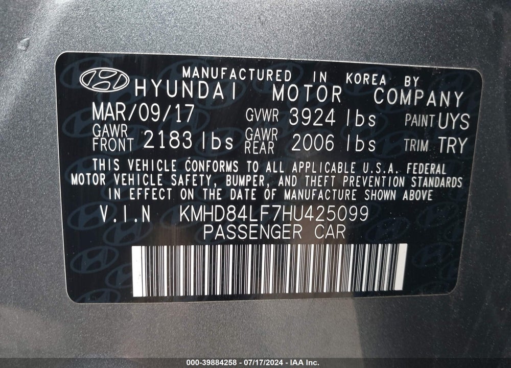 2017 HYUNDAI ELANTRA VALUE EDITION VIN: KMHD84LF7HU425099