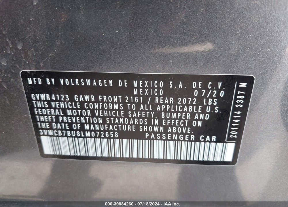 2020 VOLKSWAGEN JETTA 1.4T R-LINE/1.4T S/1.4T SE VIN: 3VWCB7BU8LM072658