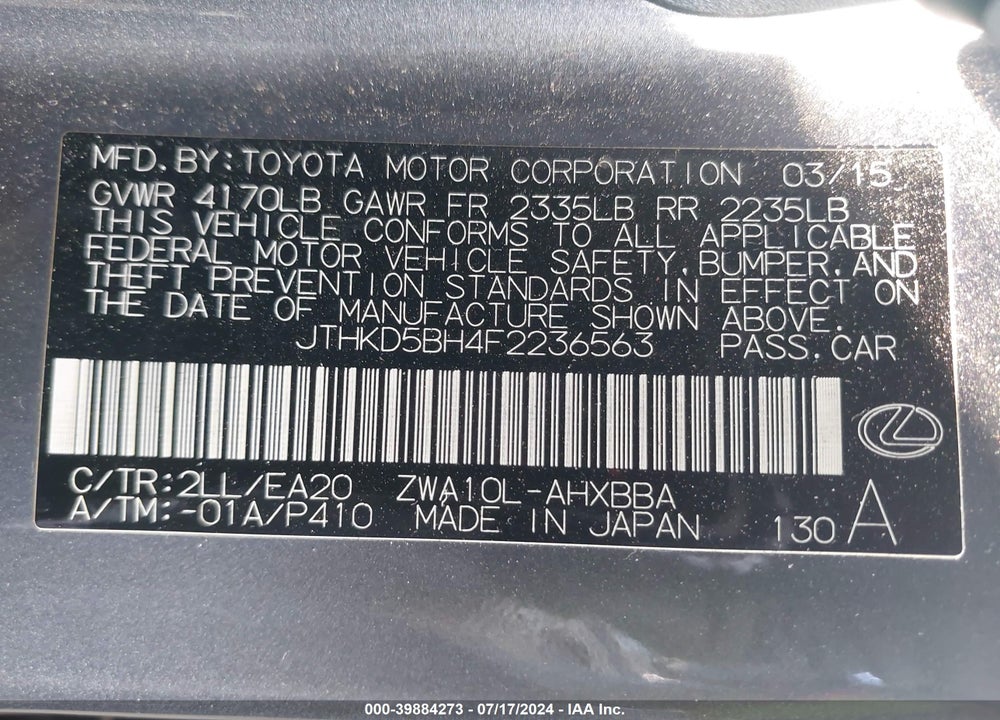 2015 LEXUS CT 200H VIN: JTHKD5BH4F2236563