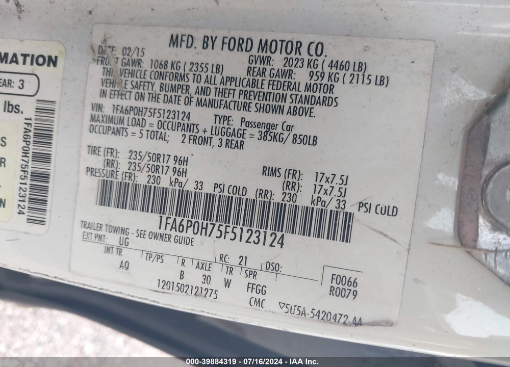 2015 FORD FUSION SE VIN: 1FA6P0H75F5123124