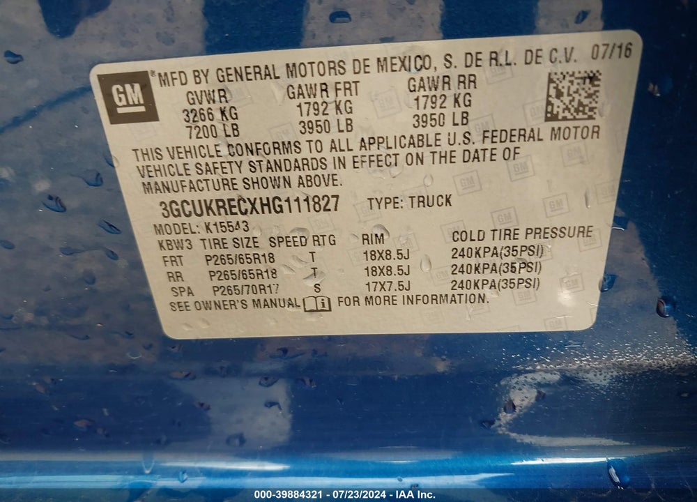 2017 CHEVROLET SILVERADO 1500 2LT VIN: 3GCUKRECXHG111827