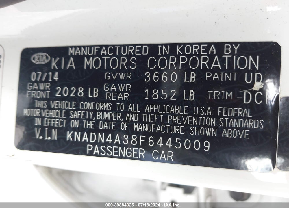2015 KIA RIO EX VIN: KNADN4A38F6445009