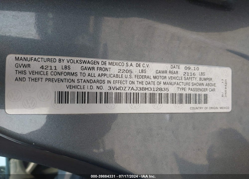 2011 VOLKSWAGEN JETTA 2.5L SE VIN: 3VWDZ7AJ3BM312835