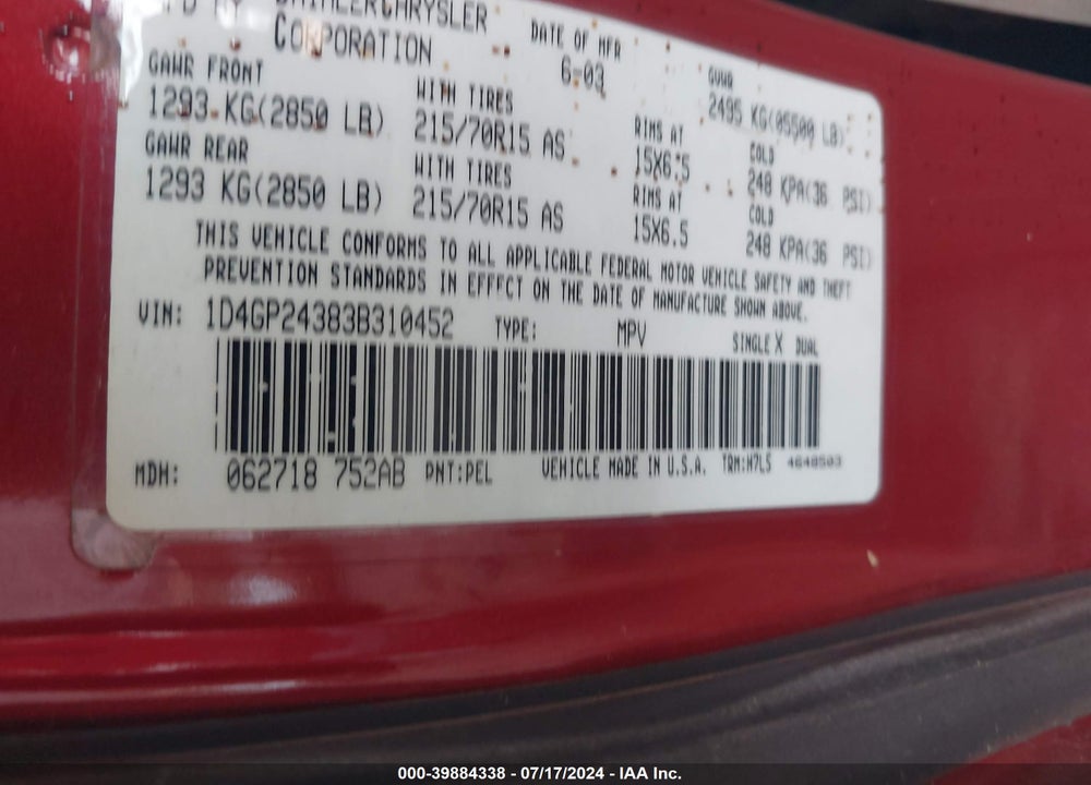 2003 DODGE GRAND CARAVAN SE VIN: 1D4GP24383B310452