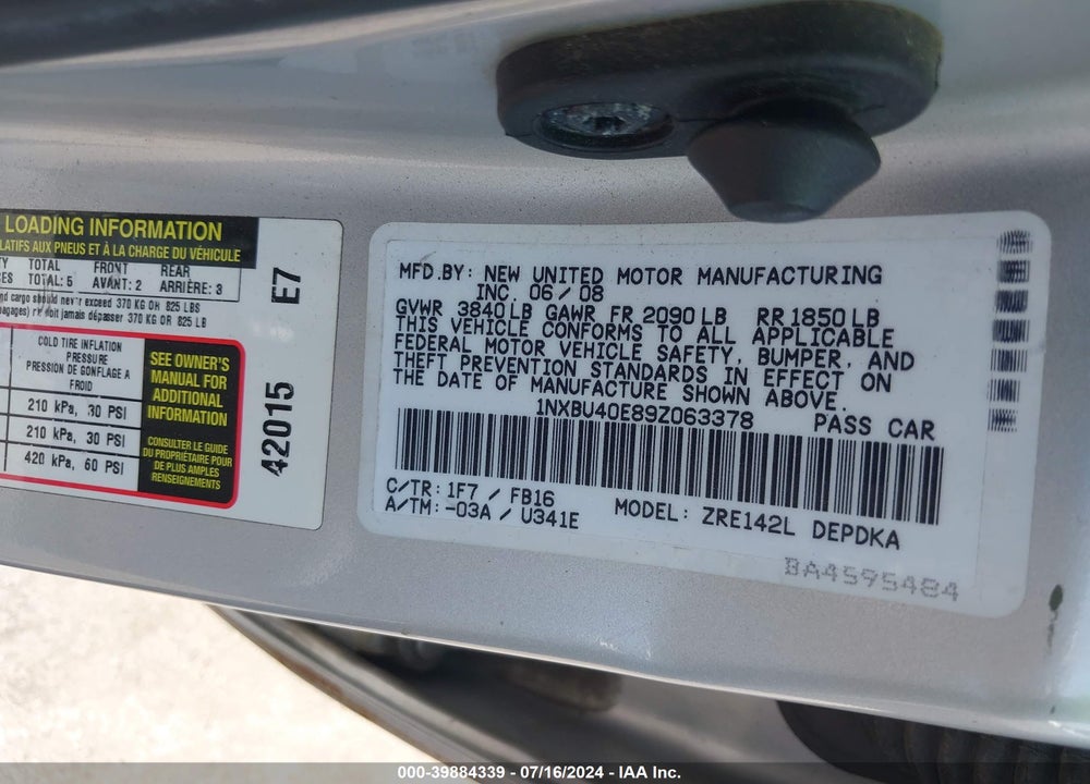 2009 TOYOTA COROLLA S/LE/XLE VIN: 1NXBU40E89Z063378