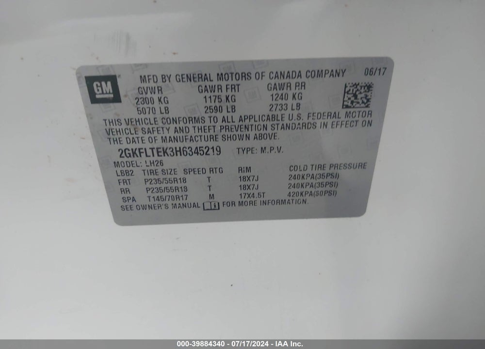2017 GMC TERRAIN SLE-2 VIN: 2GKFLTEK3H6345219