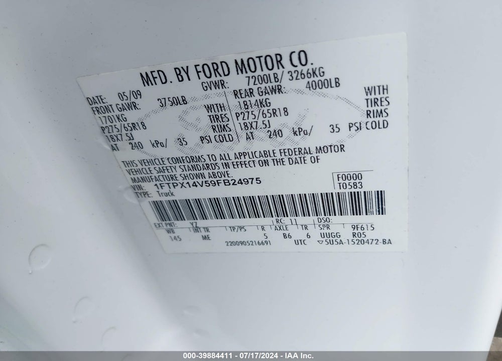2009 FORD F-150 FX4/LARIAT/XL/XLT VIN: 1FTPX14V59FB24975