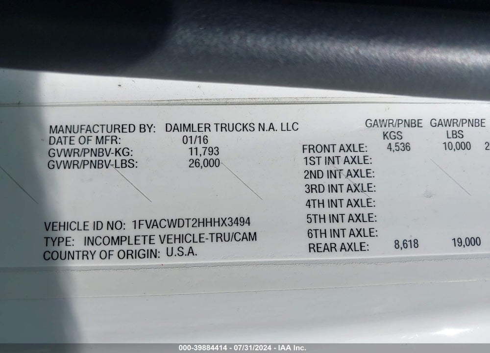 2017 FREIGHTLINER M2 106 VIN: 1FVACWDT2HHHX3494