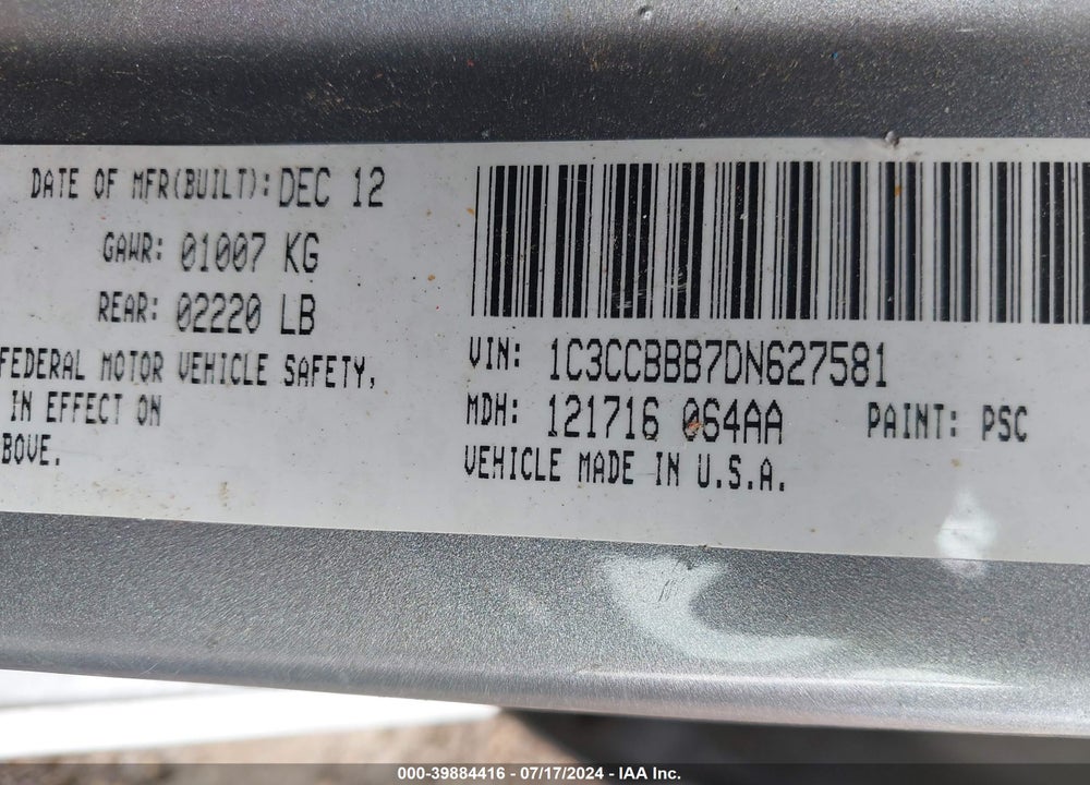 2013 CHRYSLER 200 TOURING VIN: 1C3CCBBB7DN627581