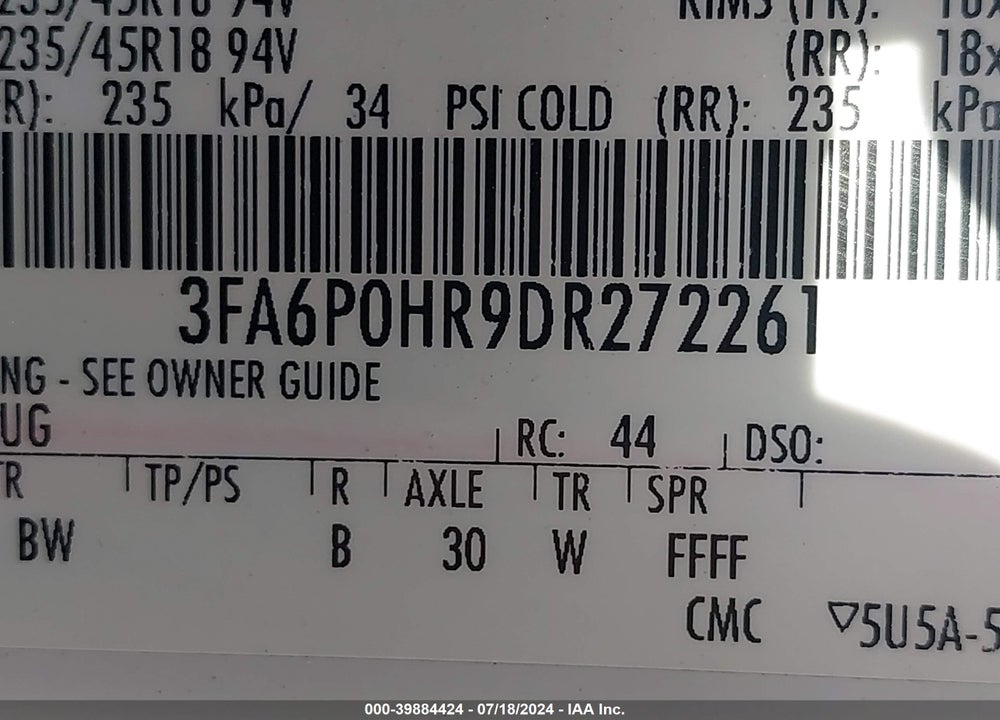 2013 FORD FUSION SE VIN: 3FA6P0HR9DR272261