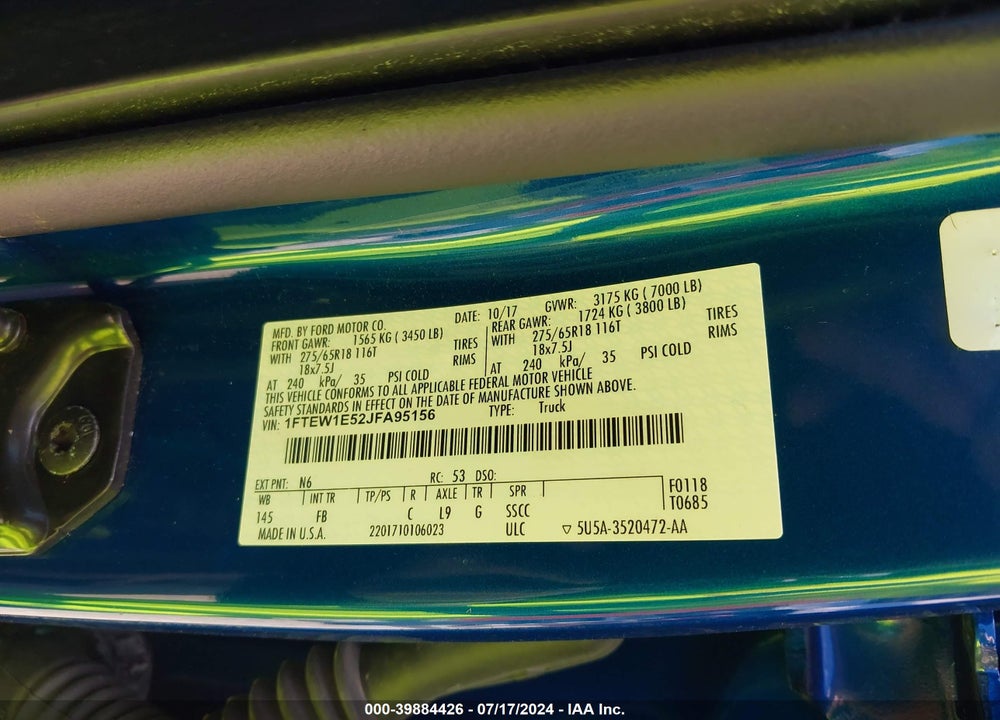 2018 FORD F-150 XLT VIN: 1FTEW1E52JFA95156
