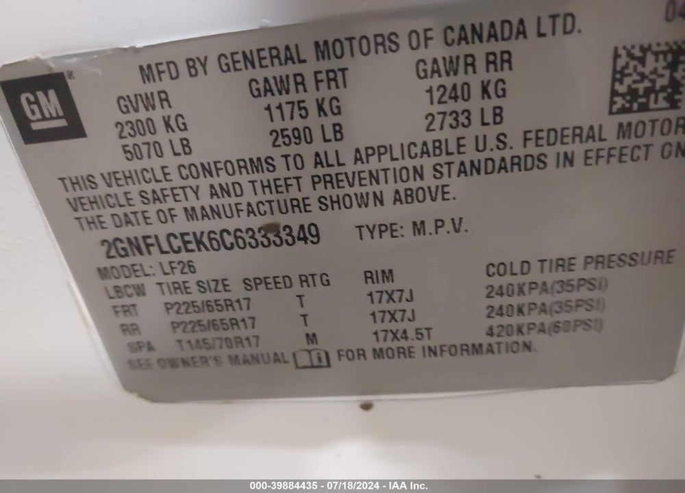 2012 CHEVROLET EQUINOX LS VIN: 2GNFLCEK6C6333349