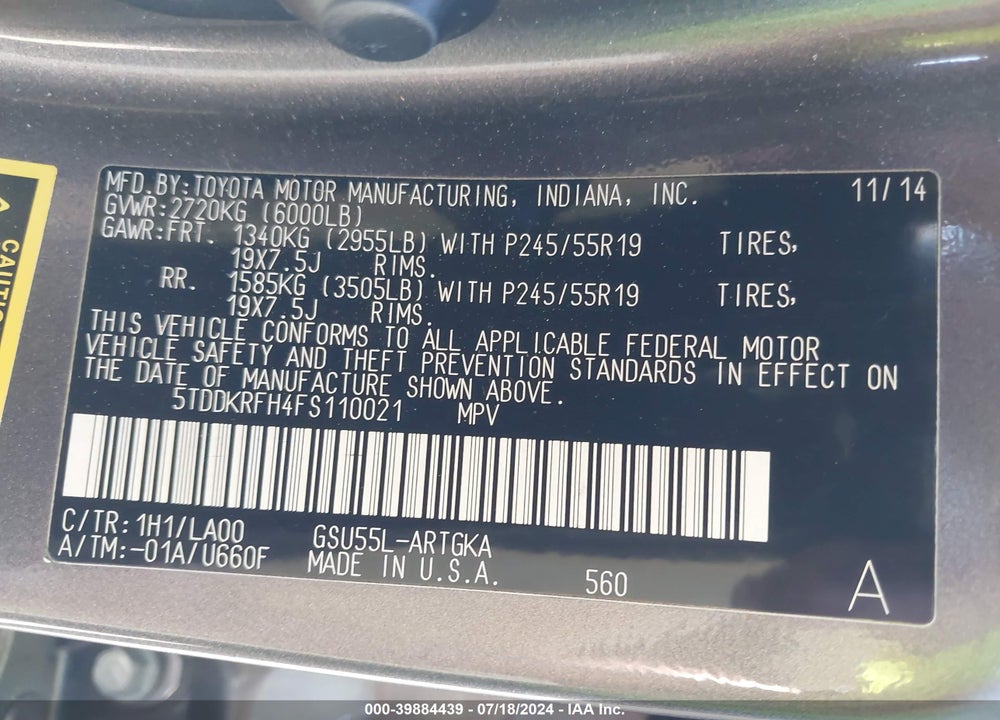 2015 TOYOTA HIGHLANDER LIMITED V6 VIN: 5TDDKRFH4FS110021