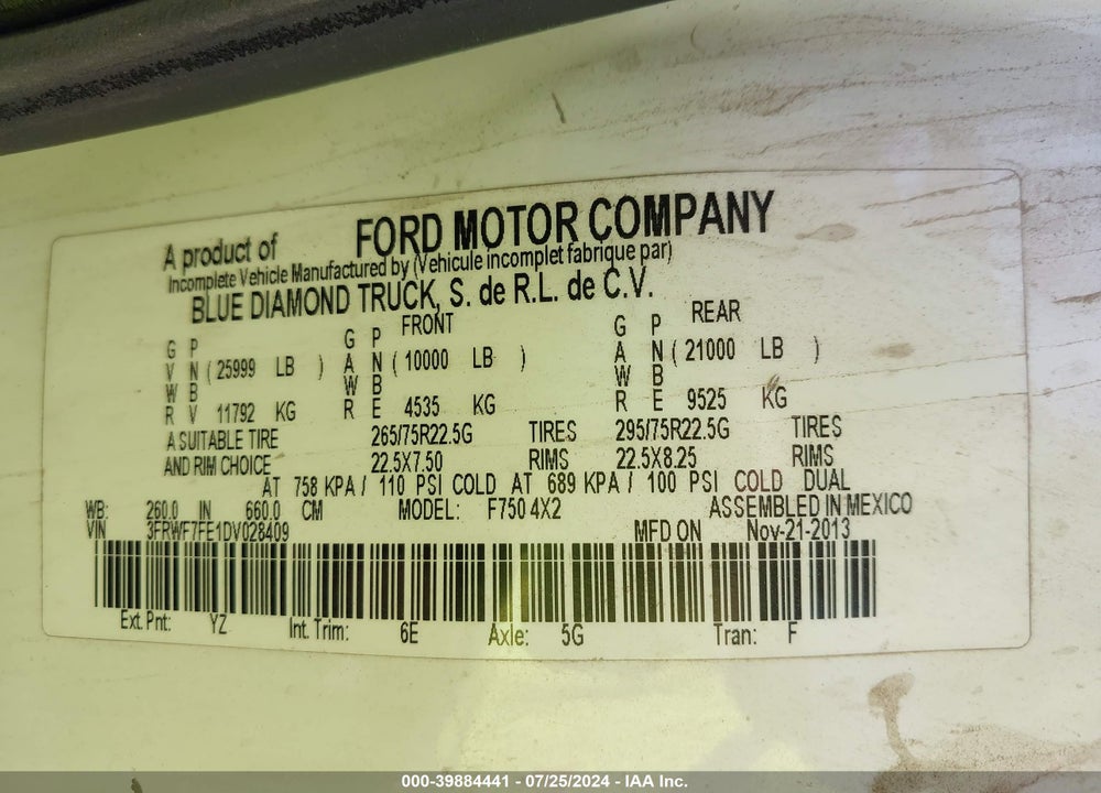 2013 FORD F-750 XL/XLT VIN: 3FRWF7FE1DV028409