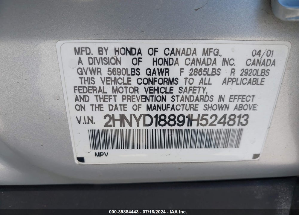 2001 ACURA MDX VIN: 2HNYD18891H524813
