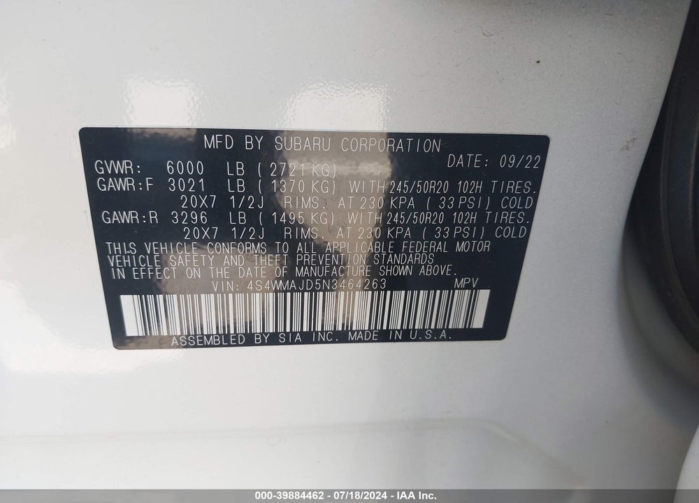 2022 SUBARU ASCENT ONYX EDITION VIN: 4S4WMAJD5N3464263