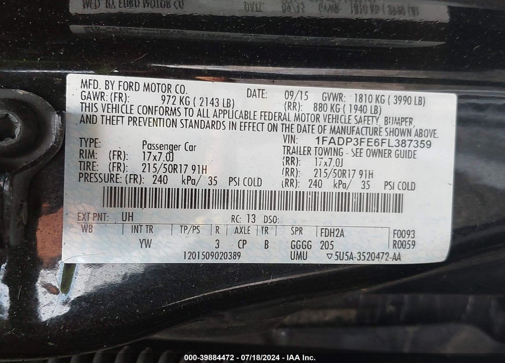2015 FORD FOCUS SE VIN: 1FADP3FE6FL387359