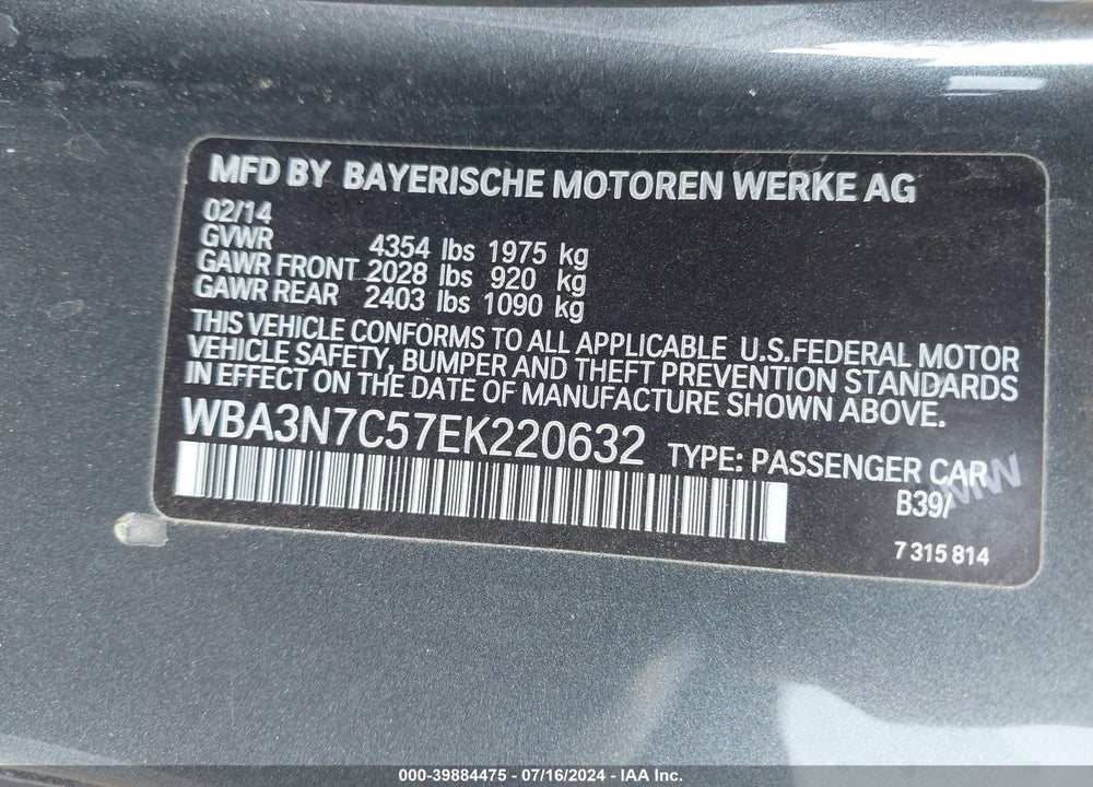 2014 BMW 428I VIN: WBA3N7C57EK220632