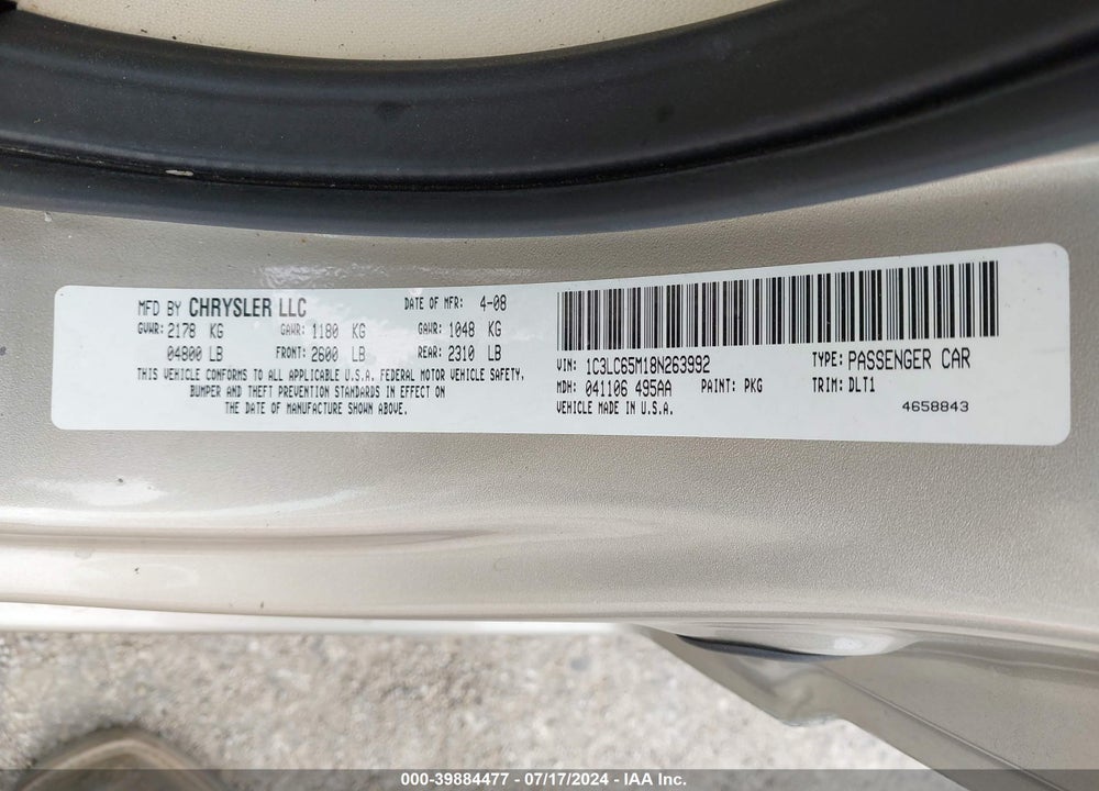 2008 CHRYSLER SEBRING LIMITED VIN: 1C3LC65M18N263992