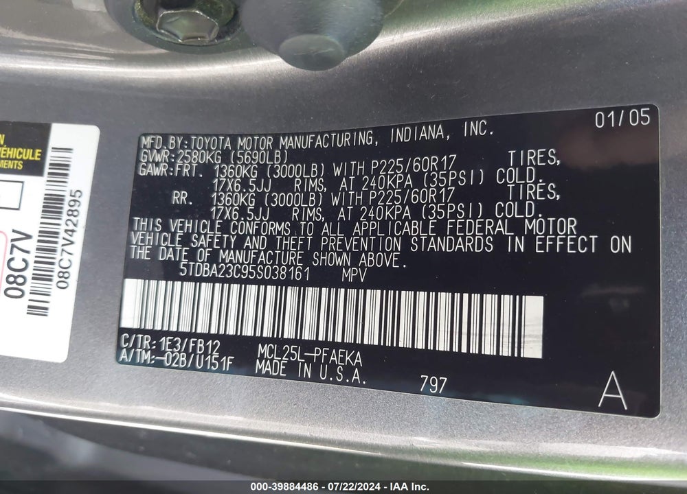 2005 TOYOTA SIENNA LE VIN: 5TDBA23C95S038161