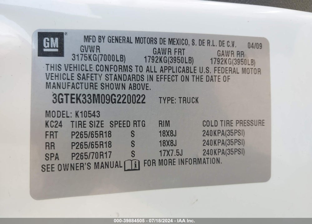 2009 GMC SIERRA 1500 SLT VIN: 3GTEK33M09G220022