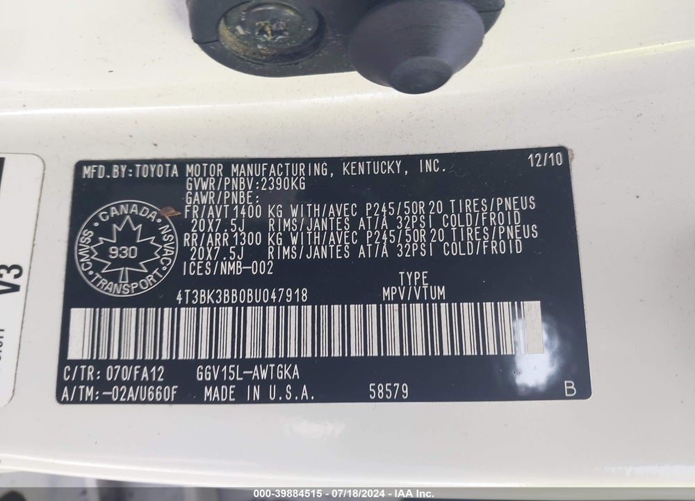 2011 TOYOTA VENZA BASE V6 VIN: 4T3BK3BB0BU047918