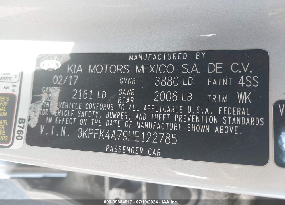 2017 KIA FORTE VIN: 3KPFK4A79HE122785