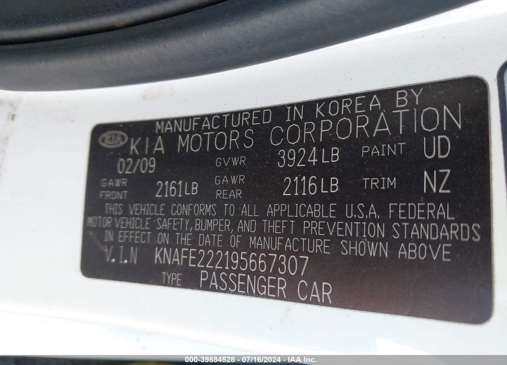 2009 KIA SPECTRA EX VIN: KNAFE222195667307