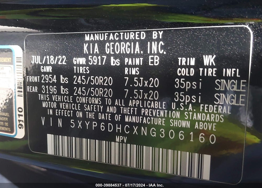 2022 KIA TELLURIDE S VIN: 5XYP6DHCXNG306160