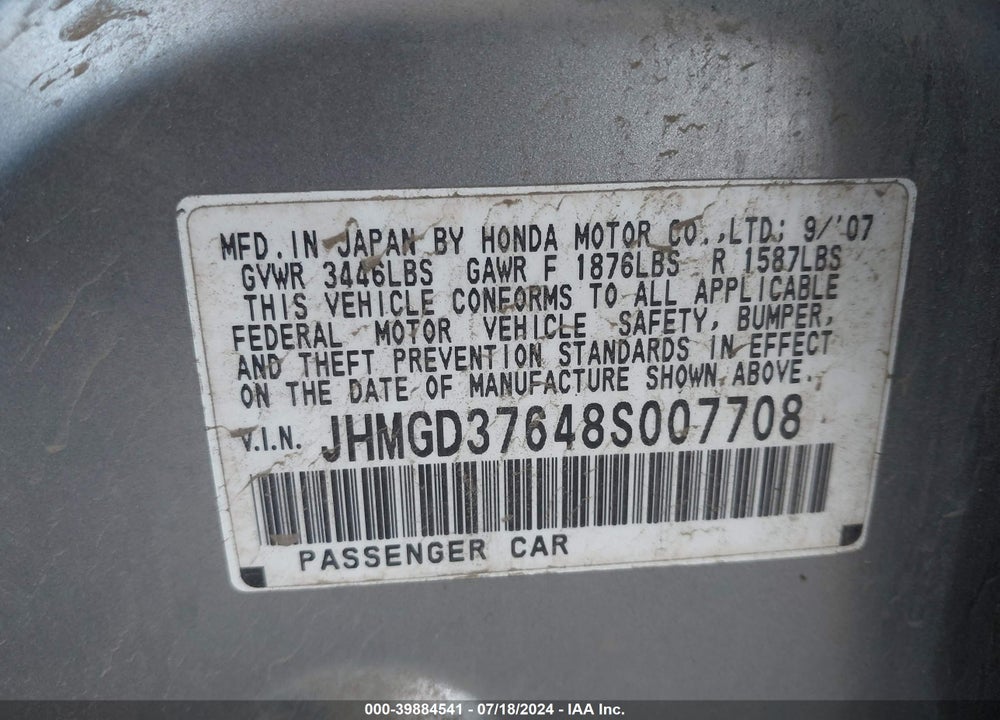 2008 HONDA FIT SPORT VIN: JHMGD37648S007708
