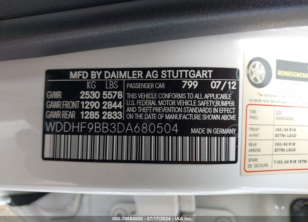 2013 MERCEDES-BENZ E 550 4MATIC VIN: WDDHF9BB3DA680504