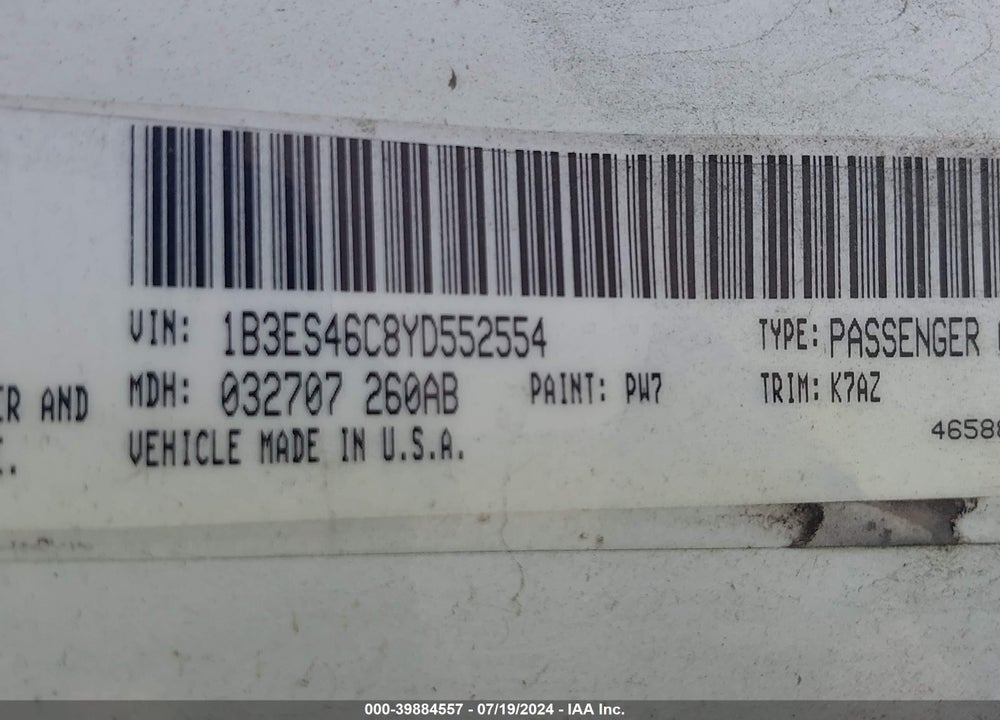 2000 DODGE NEON HIGHLINE VIN: 1B3ES46C8YD552554