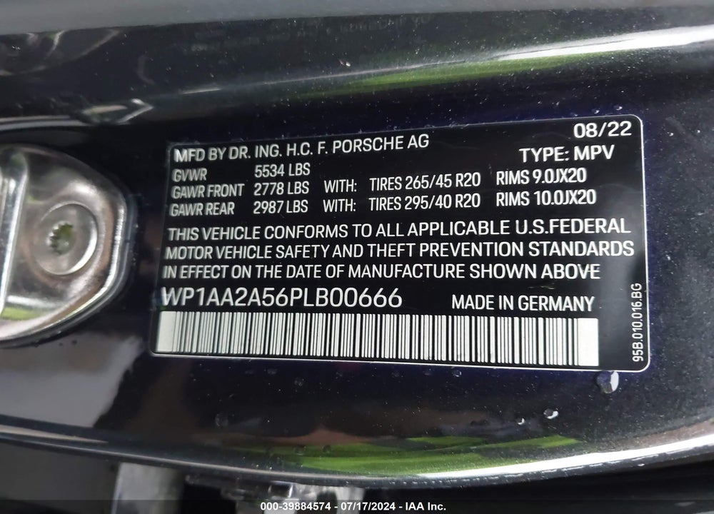 2023 PORSCHE MACAN T VIN: WP1AA2A56PLB00666