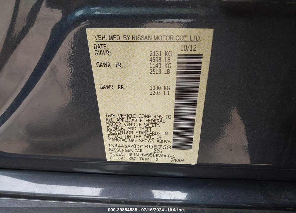 2013 NISSAN MAXIMA 3.5 SV VIN: 1N4AA5AP8DC806768