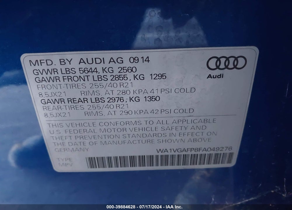 2015 AUDI SQ5 3.0T PREMIUM PLUS VIN: WA1VGAFP8FA049276