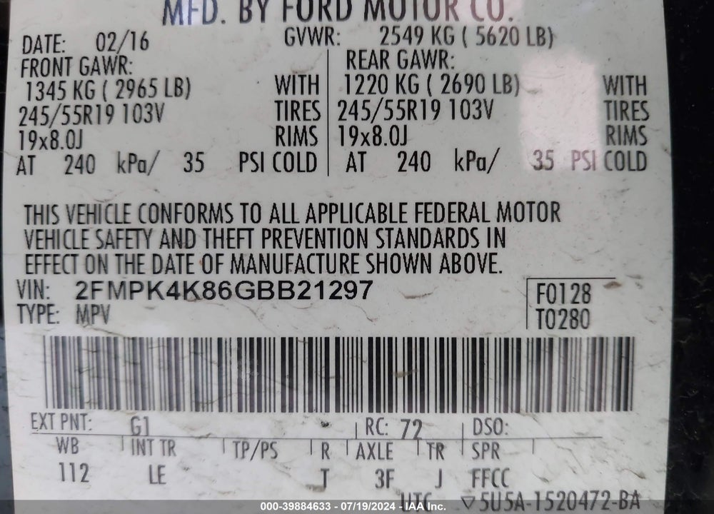 2016 FORD EDGE TITANIUM VIN: 2FMPK4K86GBB21297