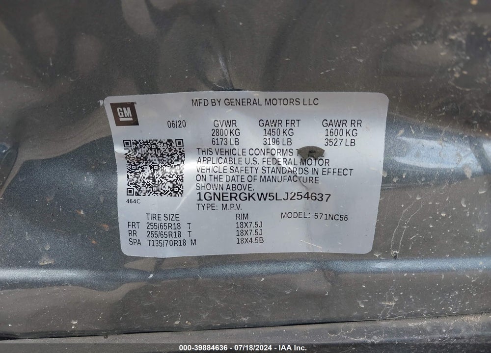 2020 CHEVROLET TRAVERSE FWD LT CLOTH VIN: 1GNERGKW5LJ254637