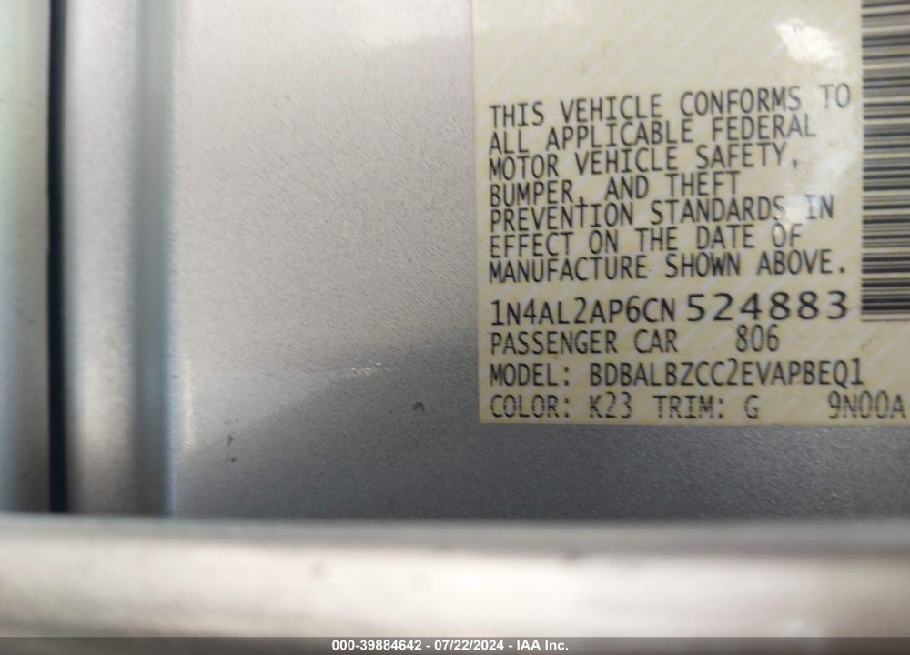 2012 NISSAN ALTIMA 2.5 S VIN: 1N4AL2AP6CN524883