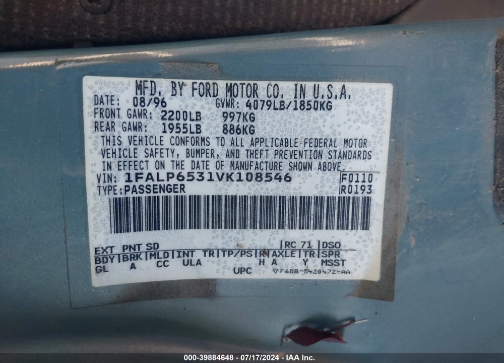 1997 FORD CONTOUR GL VIN: 1FALP6531VK108546