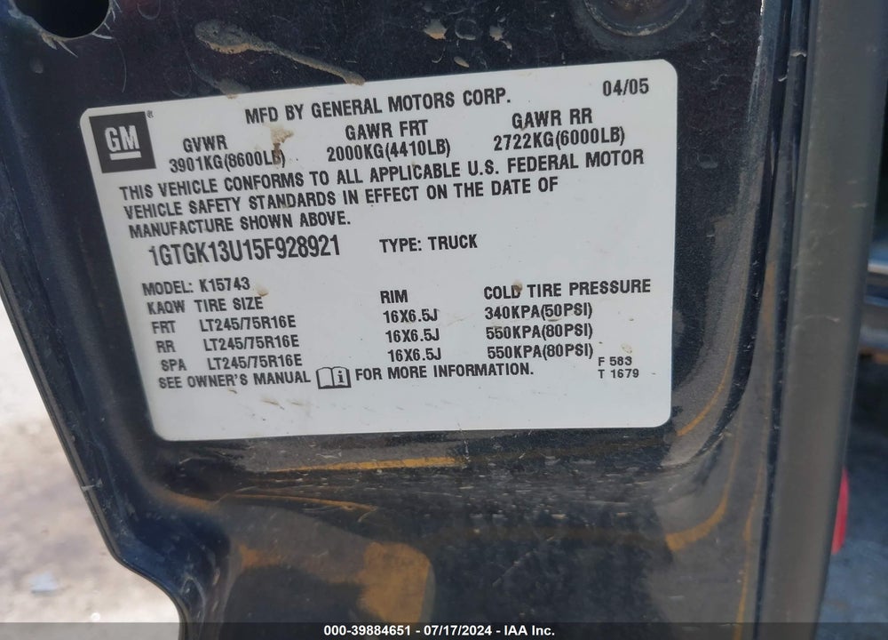 2005 GMC SIERRA 1500HD SLT VIN: 1GTGK13U15F928921