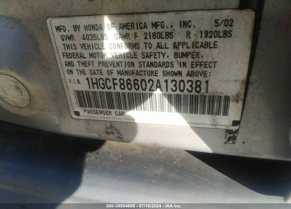 2002 HONDA ACCORD 2.3 VP VIN: 1HGCF86602A130381