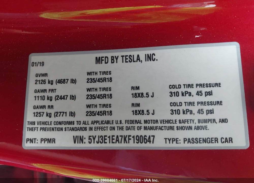 2019 TESLA MODEL 3 LONG RANGE/MID RANGE/STANDARD RANGE/STANDARD RANGE PLUS VIN: 5YJ3E1EA7KF190647