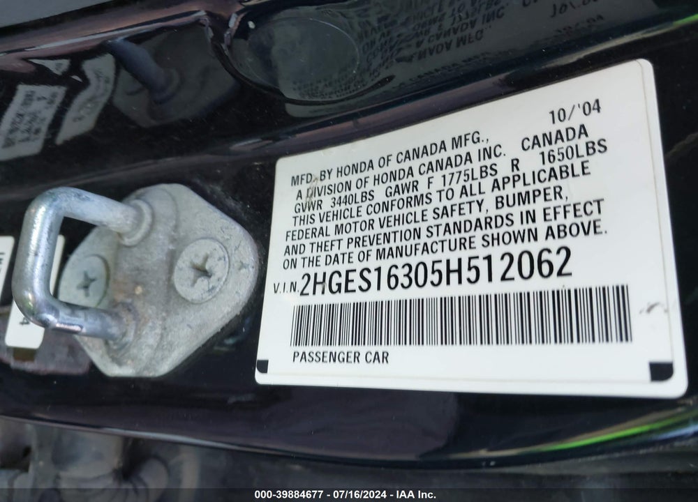 2005 HONDA CIVIC VP VIN: 2HGES16305H512062