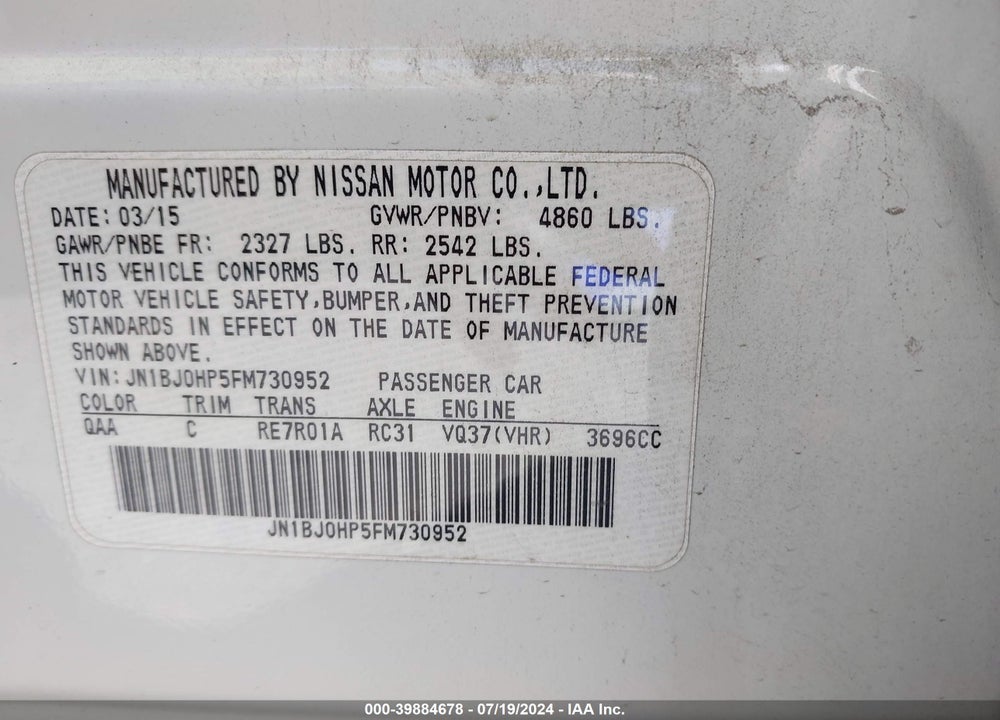 2015 INFINITI QX50 JOURNEY VIN: JN1BJ0HP5FM730952